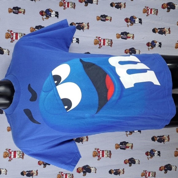 Y2K Blue Almond 2M&M candy big smiley face graphic AOP blue & white XL t-shirt - Picture 2 of 4